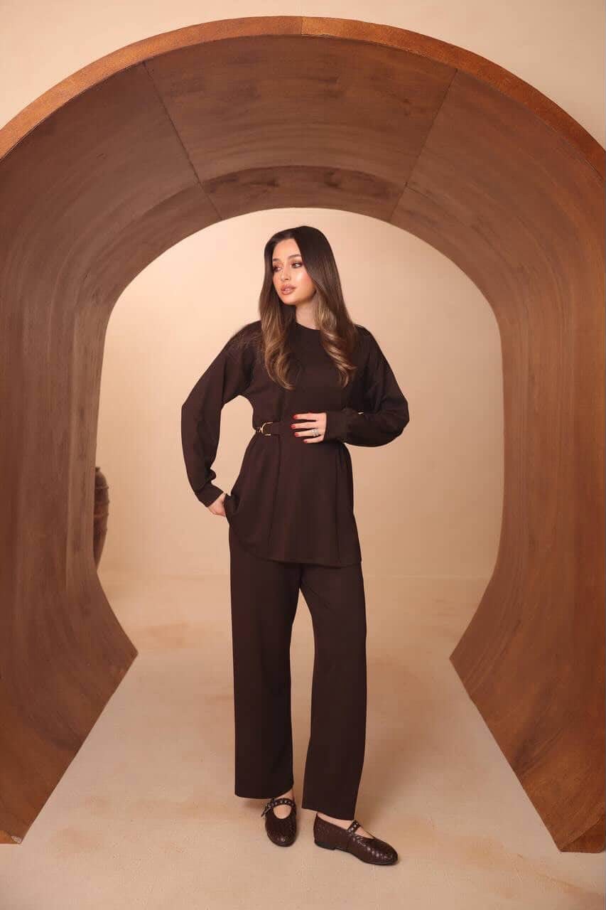 Dark Chocolate Belted Tunic & Straight-Leg Pants Set
