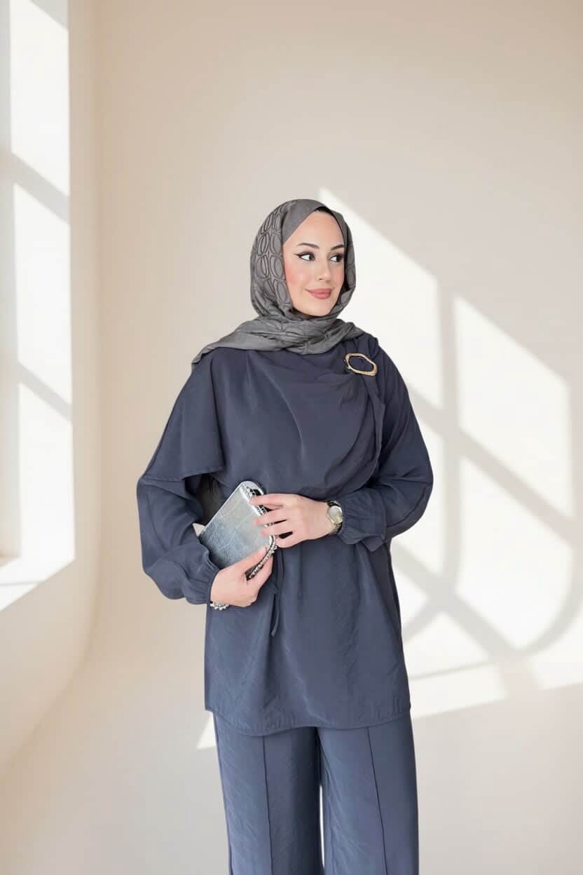 Slate Grey Draped Buckle Tunic & Wide-Leg Pants Set
