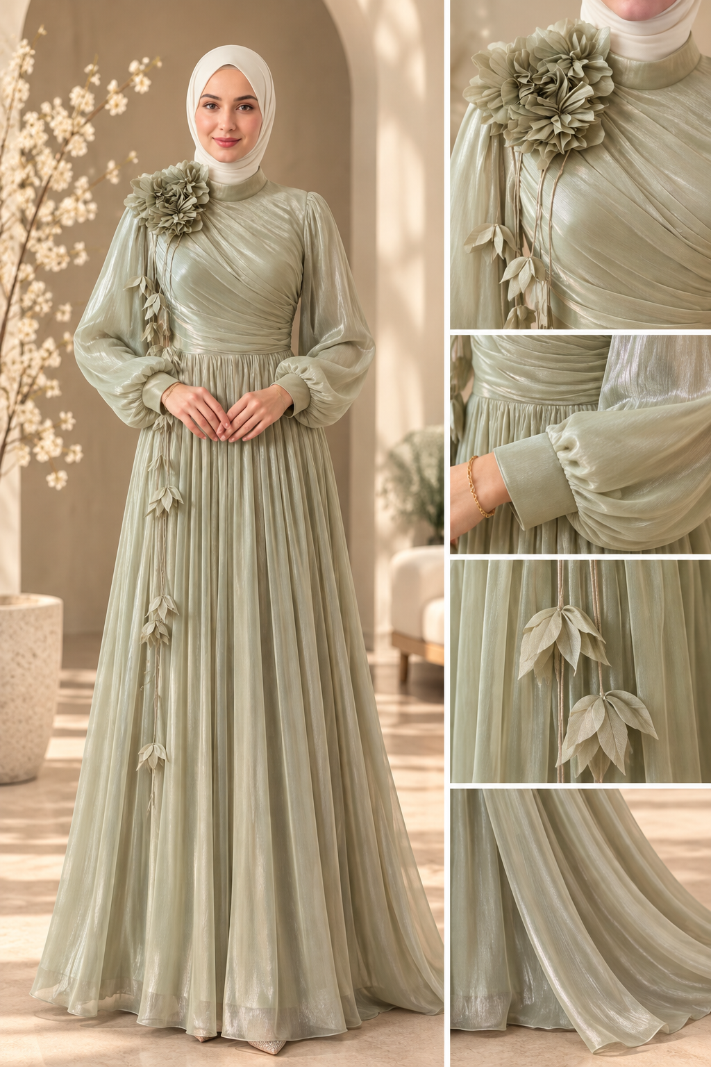 Sage Green Floral Shimmer Organza Dress