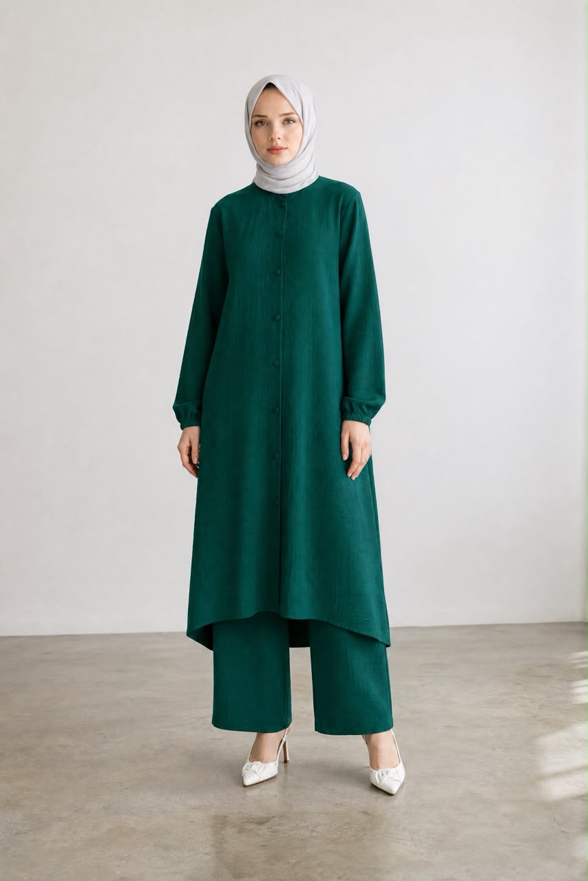 Emerald Green Long Tunic & Wide-Leg Pants Set