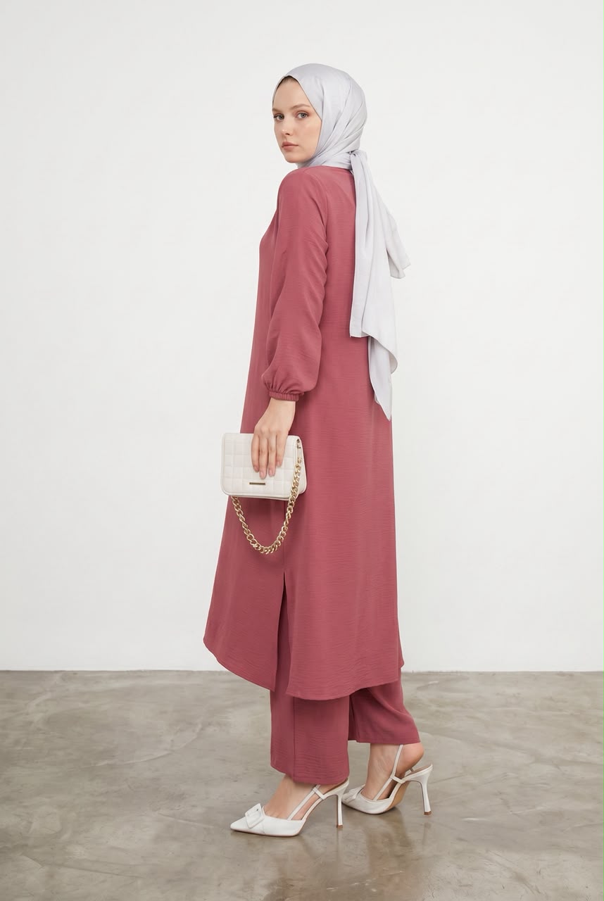 Dusty Rose Long Tunic & Wide-Leg Pants Set