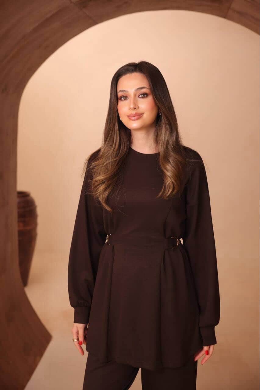 Dark Chocolate Belted Tunic & Straight-Leg Pants Set
