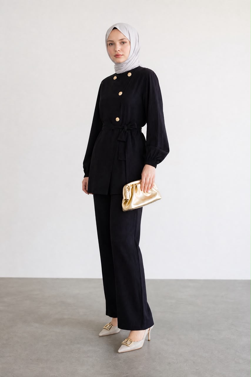 Black Gold-Button Belted Tunic & Wide-Leg Pants Set
