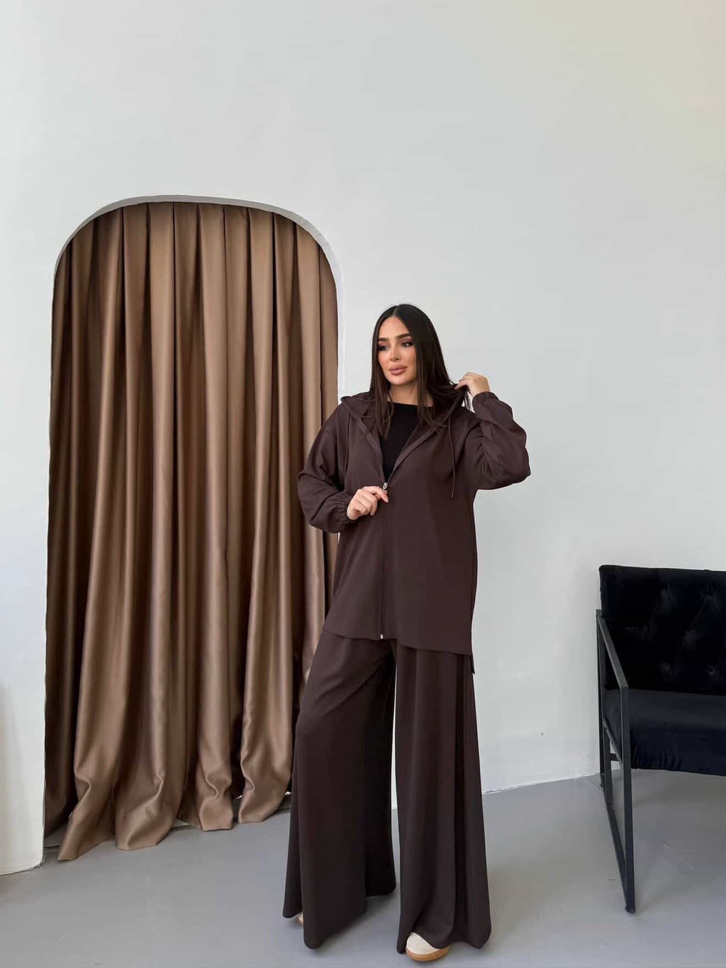 Deep Brown Hooded Jacket & Wide-Leg Pants Set