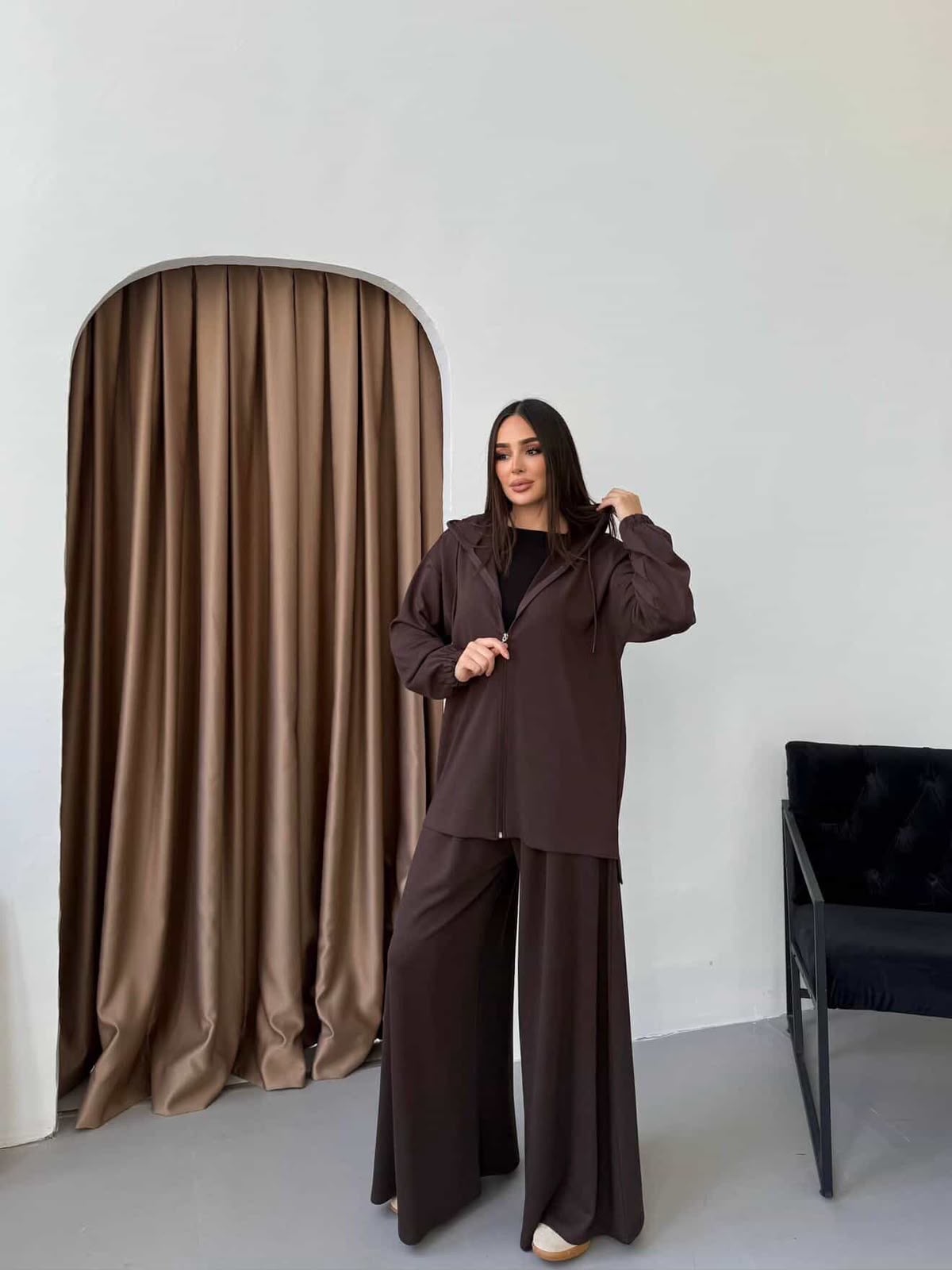 Deep Brown Hooded Jacket & Wide-Leg Pants Set