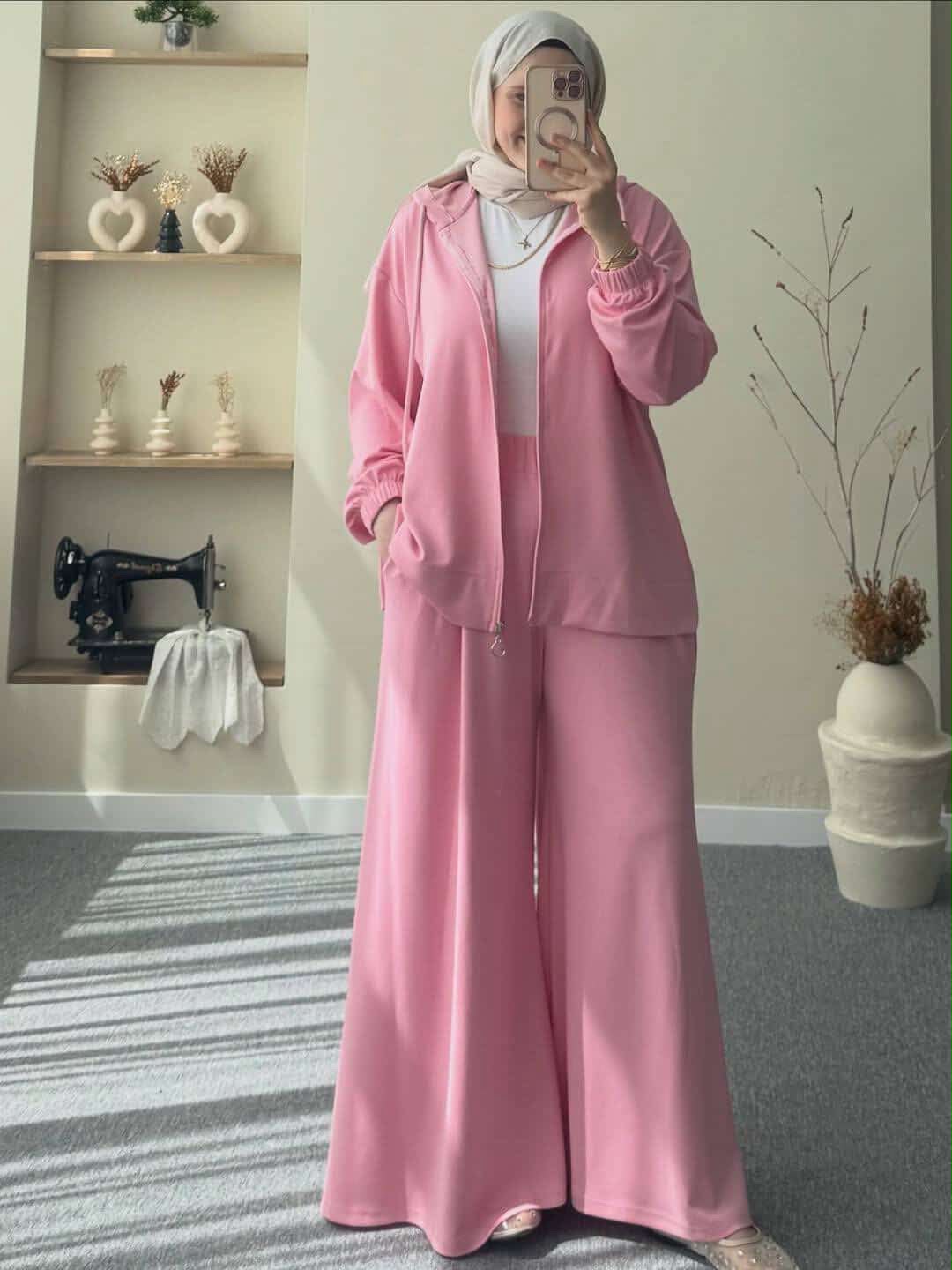Dusty Pink Hooded Jacket & Wide-Leg Pants Set
