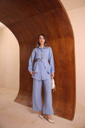 Powder Blue Peplum Belted Shirt & Wide-Leg Pants Set
