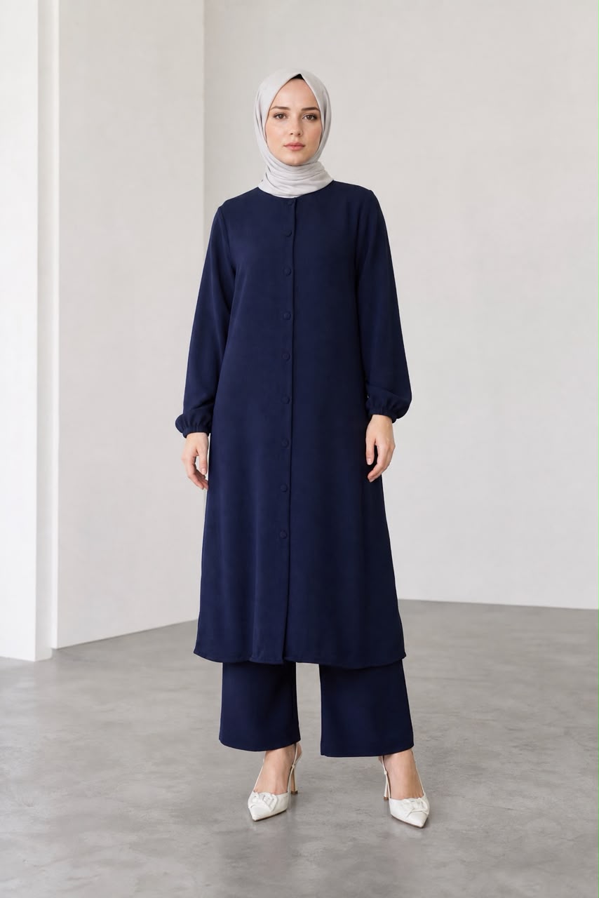 Navy Long Tunic & Wide-Leg Pants Set