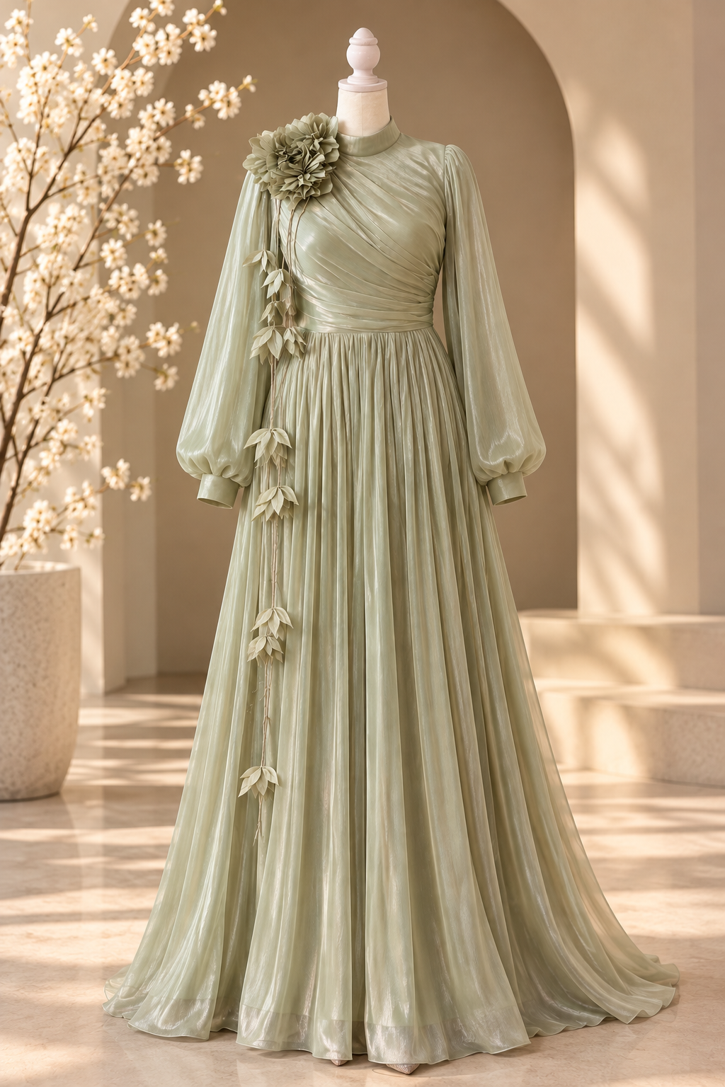 Sage Green Floral Shimmer Organza Dress