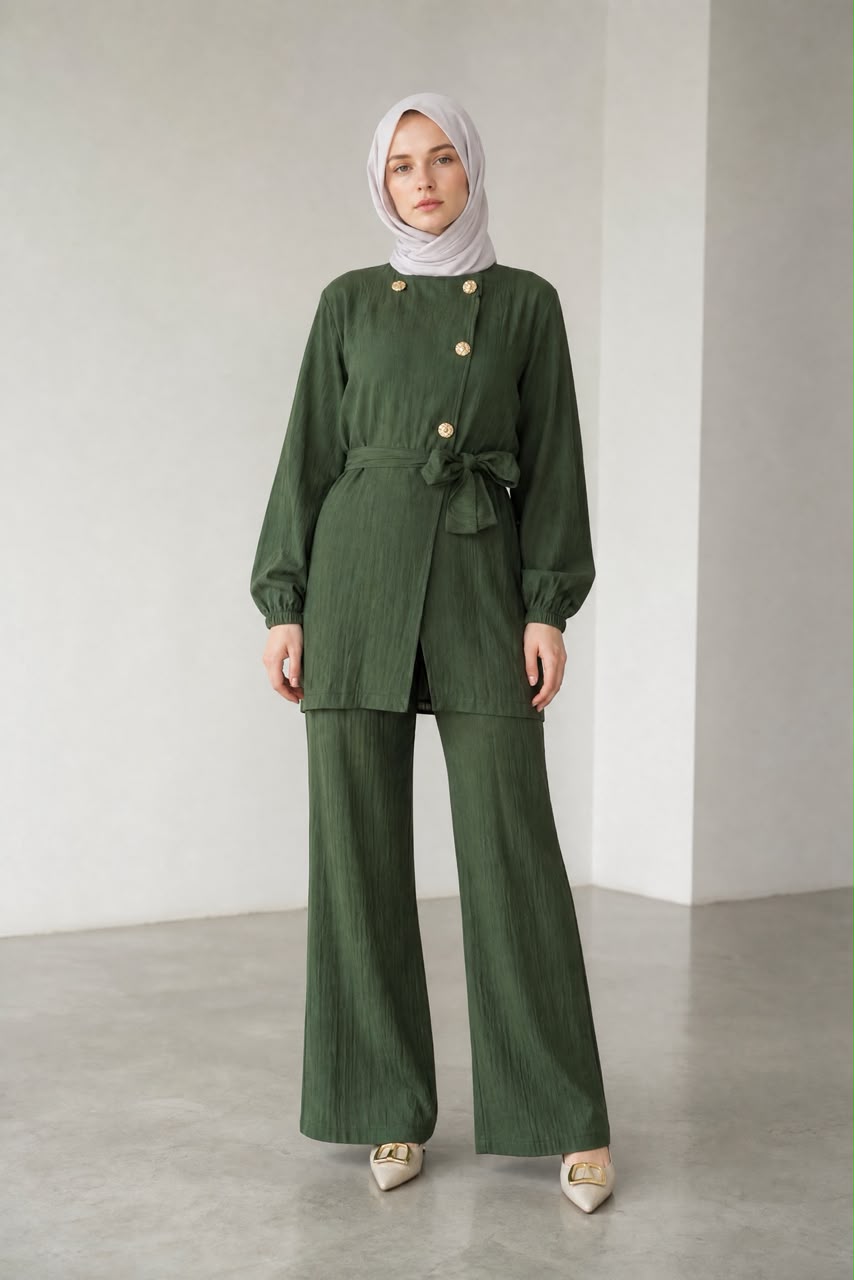 Olive Green Gold-Button Belted Tunic & Wide-Leg Pants Set