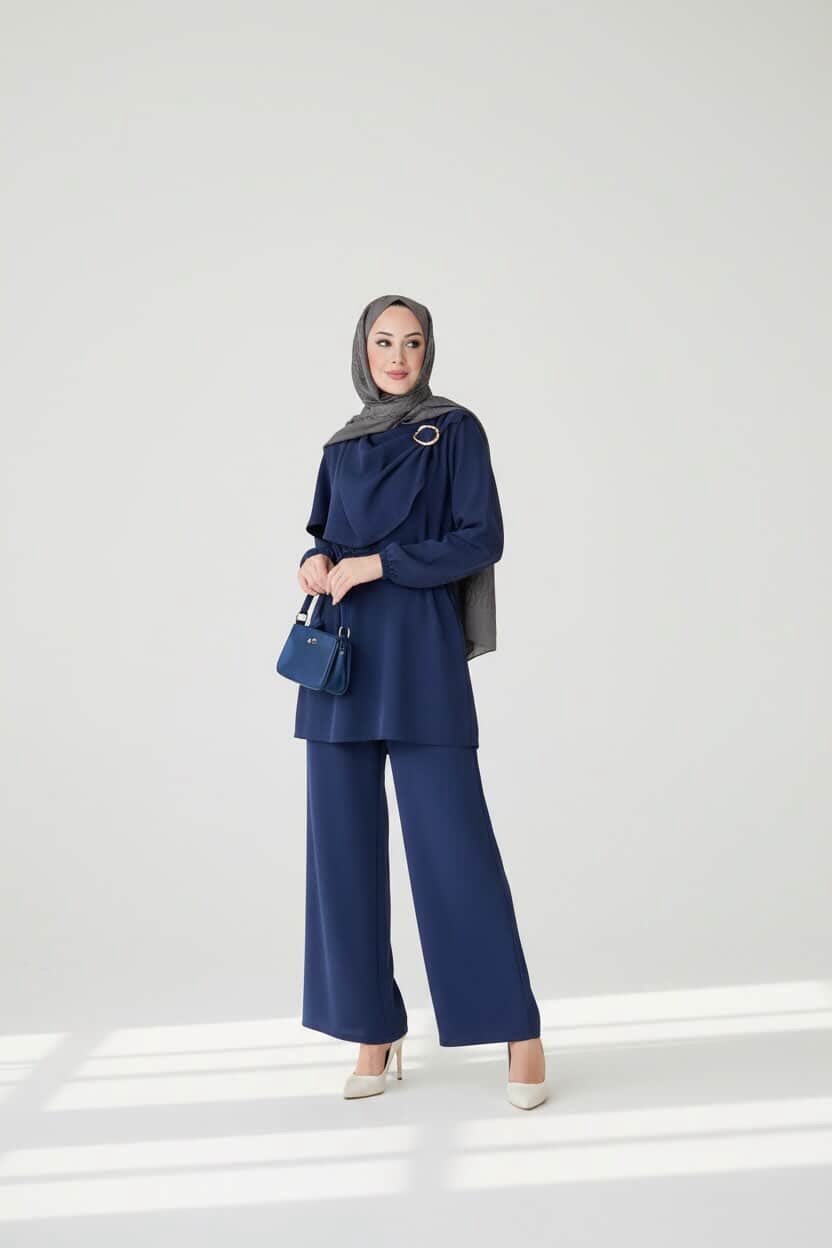 Navy Blue Draped Buckle Tunic & Wide-Leg Pants Set