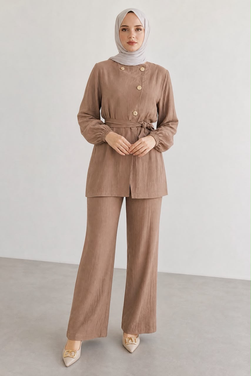 Mocha Brown Gold-Button Belted Tunic & Wide-Leg Pants Set