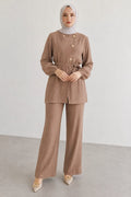 Mocha Brown Gold-Button Belted Tunic & Wide-Leg Pants Set