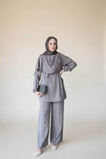 Light Grey Draped Buckle Tunic & Wide-Leg Pants Set