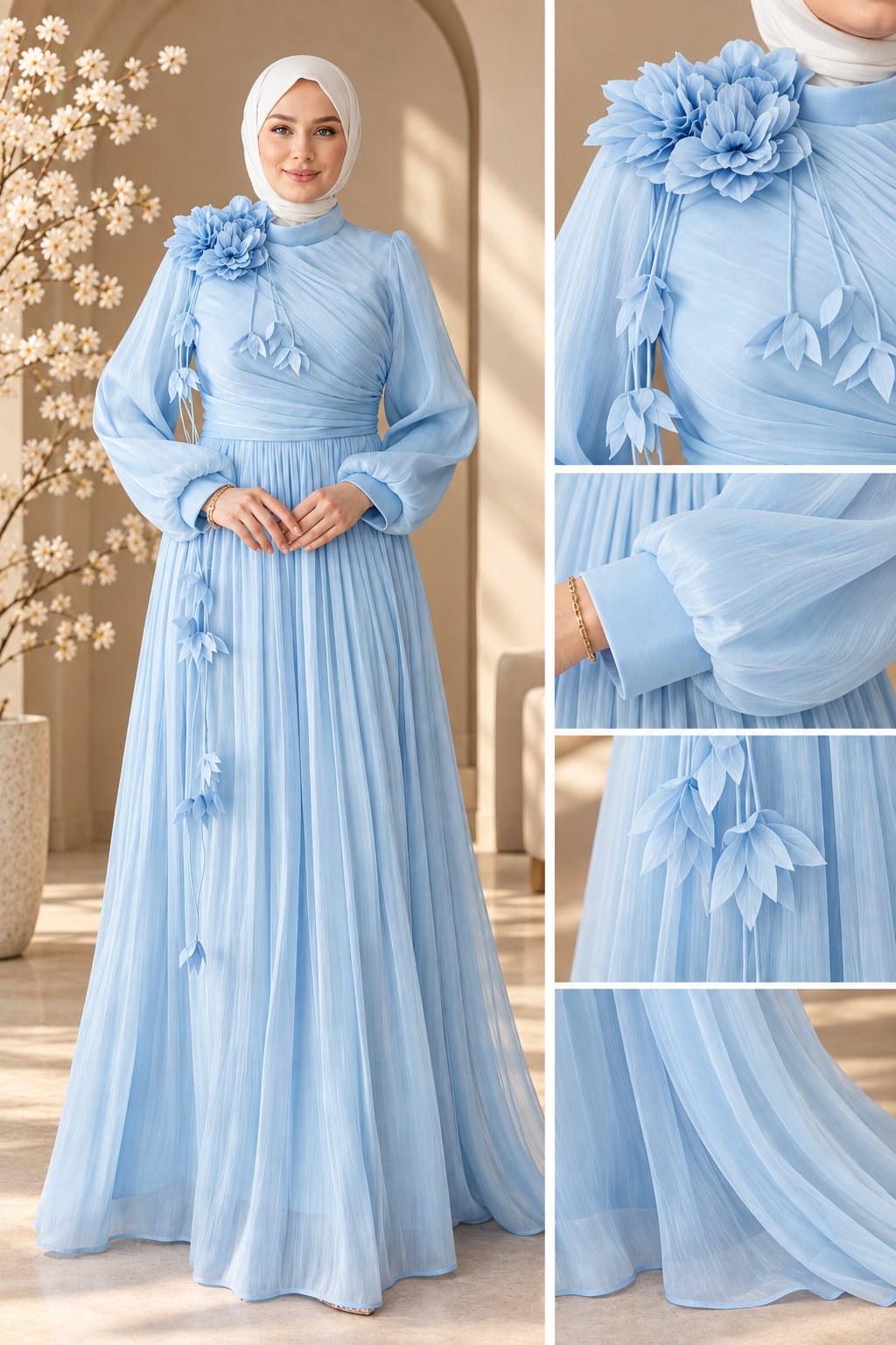 Baby Blue Floral Shimmer Organza Dress