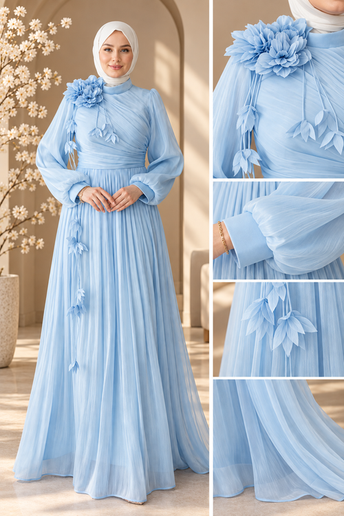 Baby Blue Floral Shimmer Organza Dress