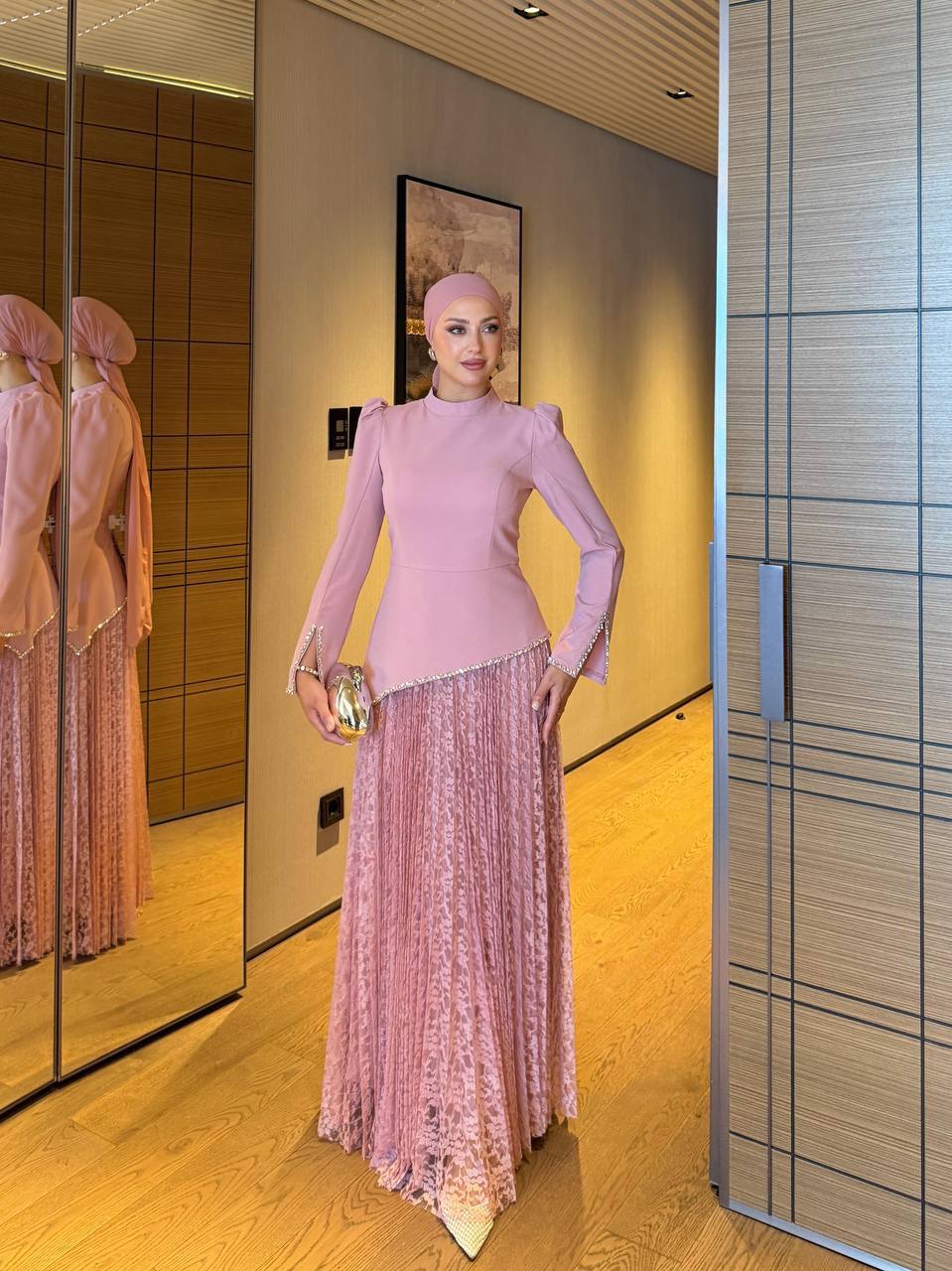 Pink half-lace dress with stone details.