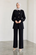 Black Gold-Button Belted Tunic & Wide-Leg Pants Set