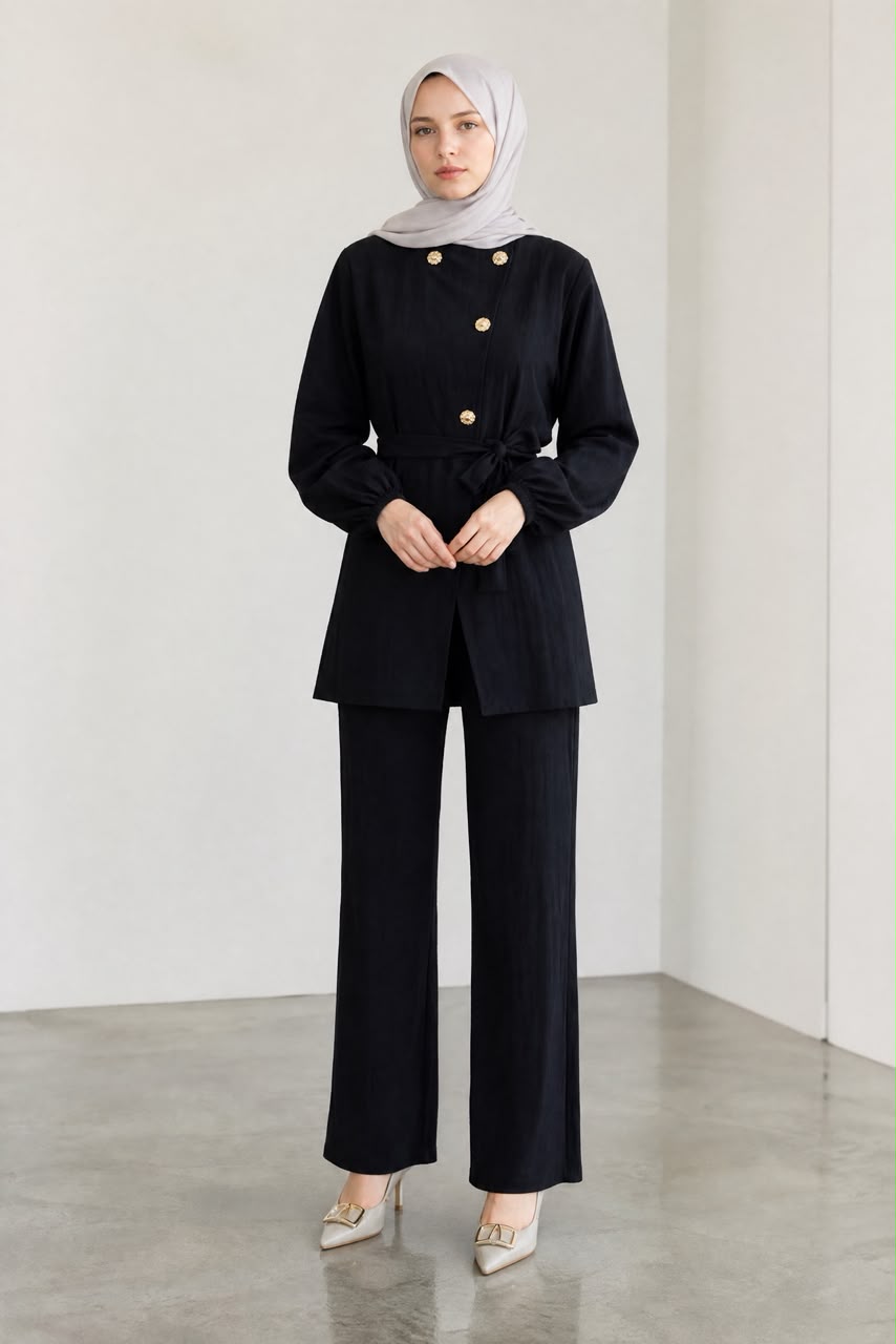 Black Gold-Button Belted Tunic & Wide-Leg Pants Set