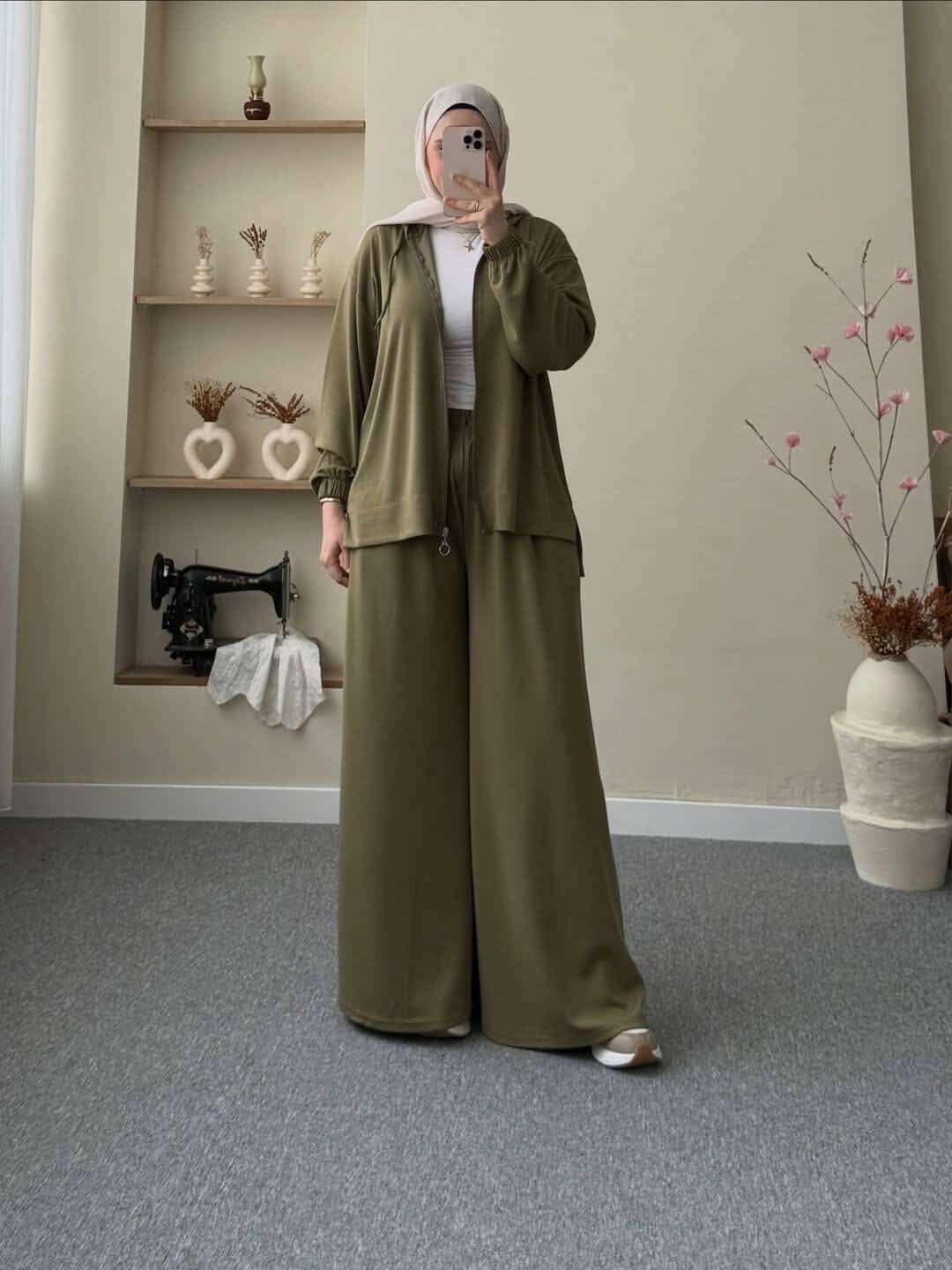 Olive Green Hooded Jacket & Wide-Leg Pants Set