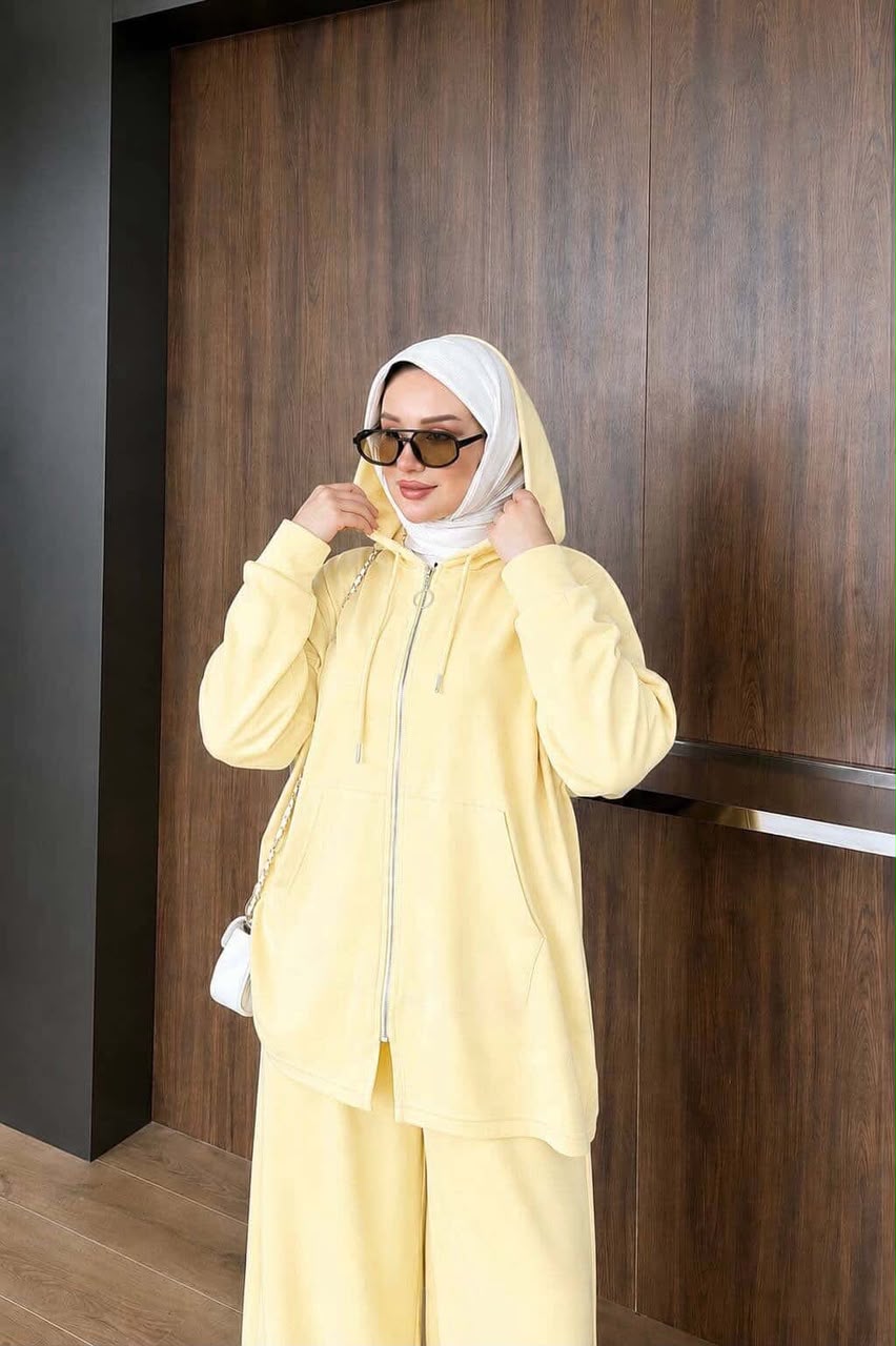 Butter Yellow Zip-Up Hooded Tunic & Wide-Leg Pants Set