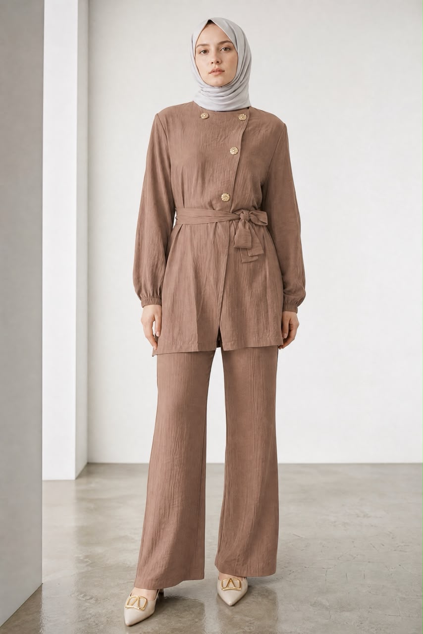 Mocha Brown Gold-Button Belted Tunic & Wide-Leg Pants Set