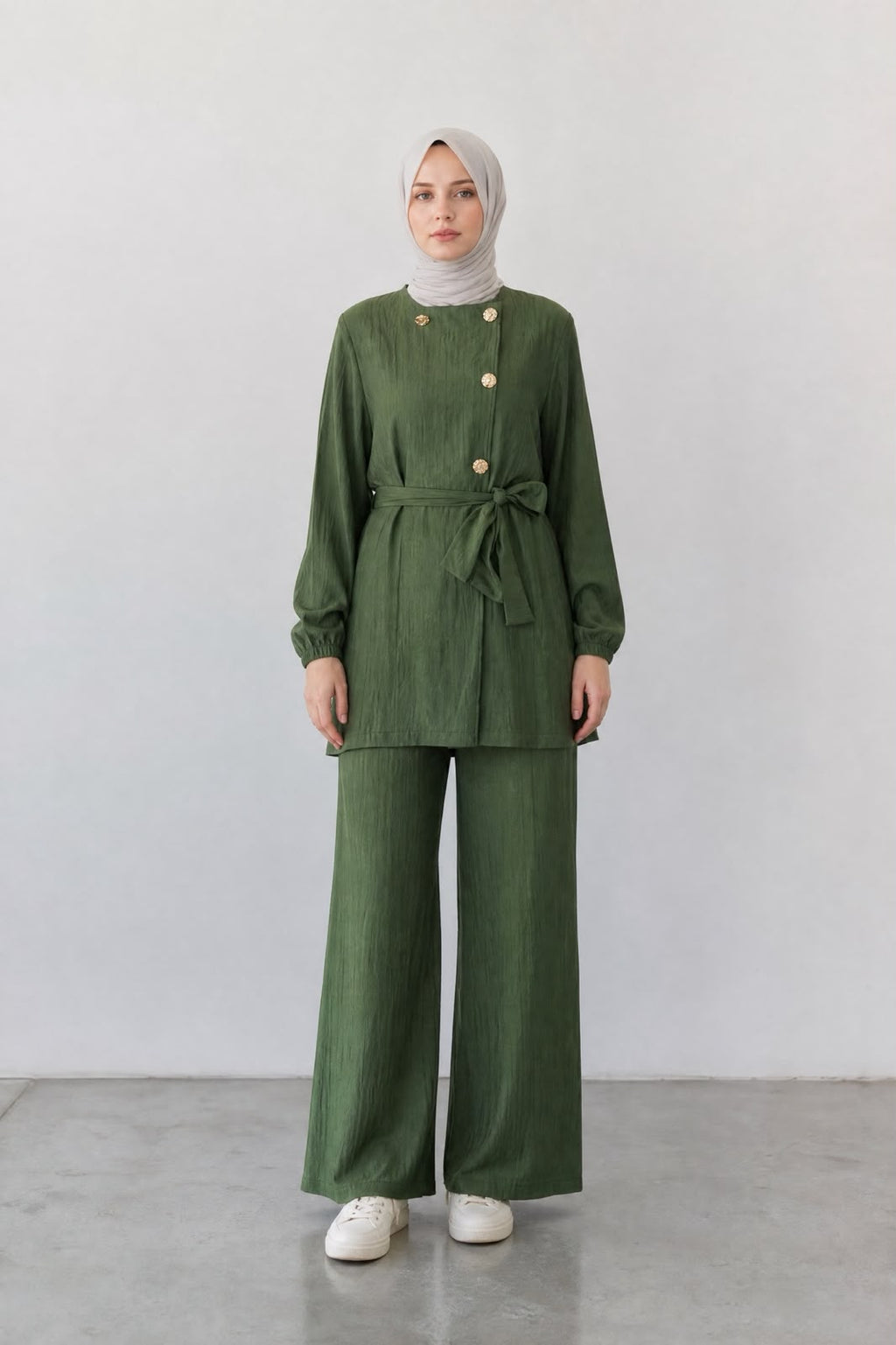 Olive Green Gold-Button Belted Tunic & Wide-Leg Pants Set