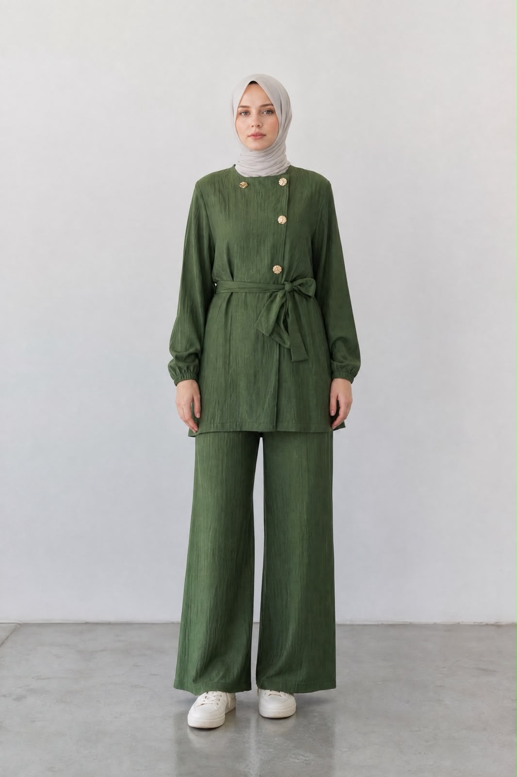 Olive Green Gold-Button Belted Tunic & Wide-Leg Pants Set