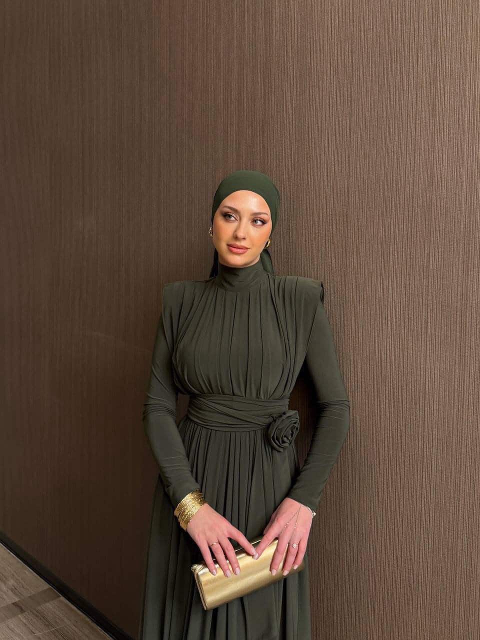 Dark Olive Green Draped Rosette Maxi Dress