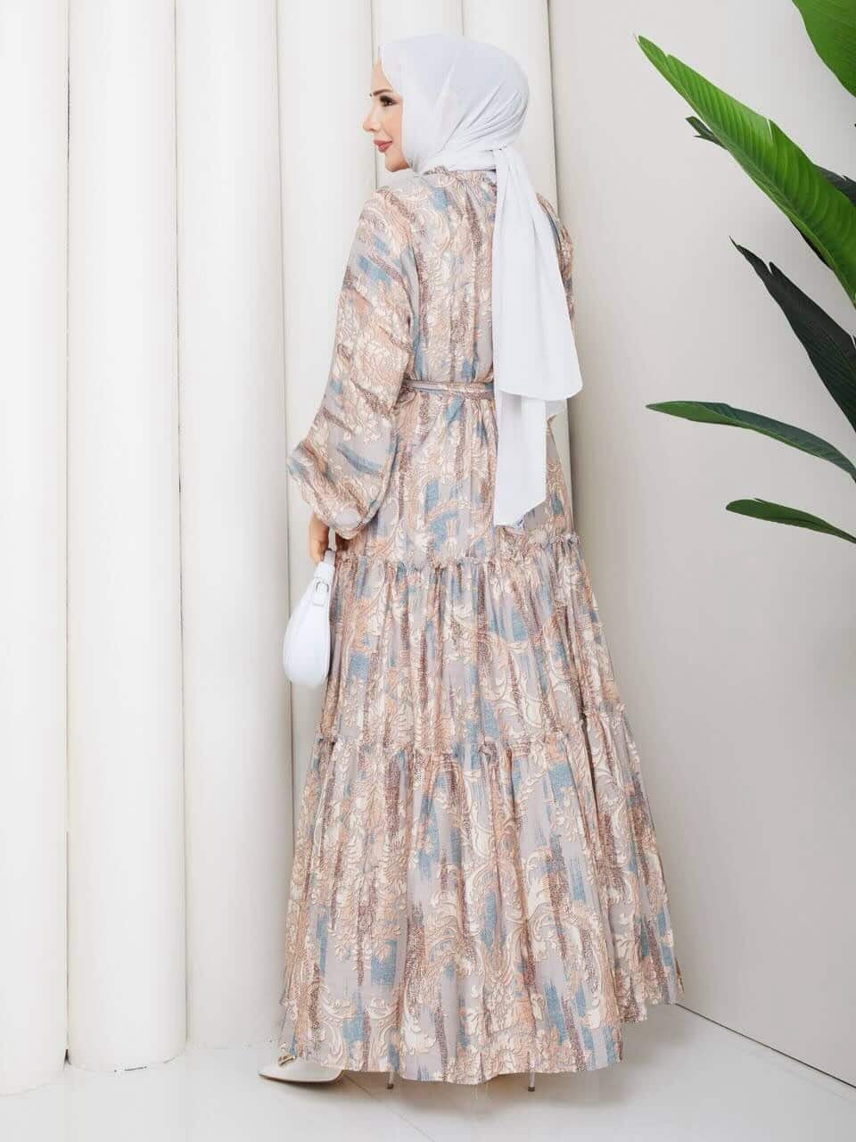 Beige Blue Paisley Print Tiered Maxi Dress