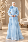 Baby Blue Floral Shimmer Organza Dress
