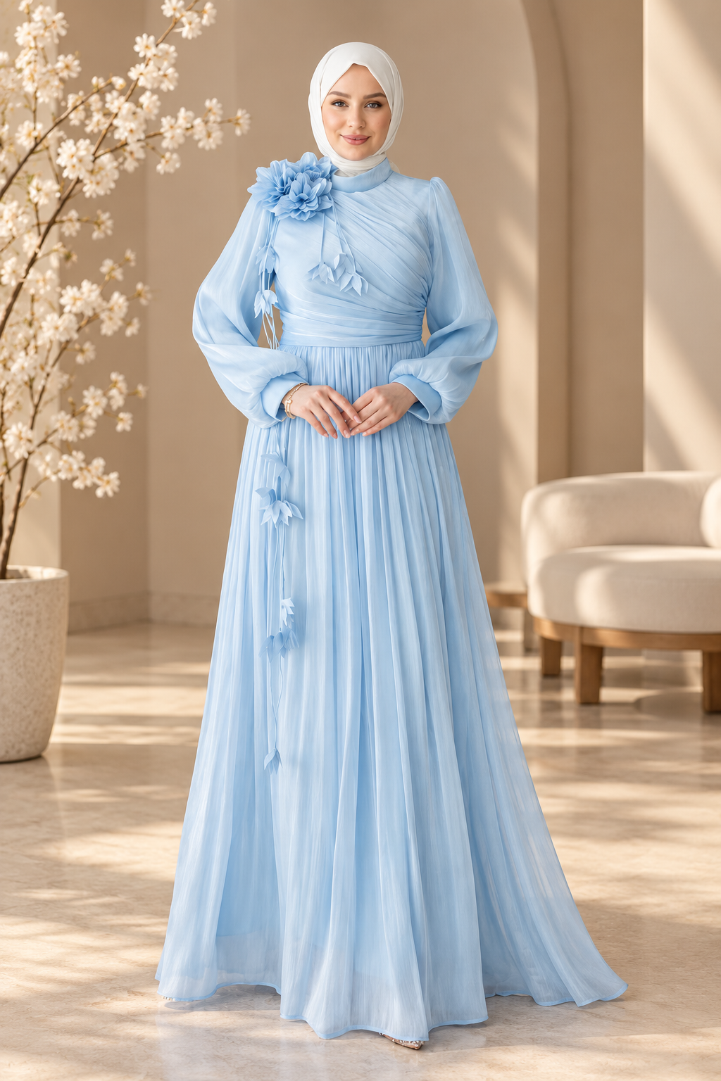 Baby Blue Floral Shimmer Organza Dress