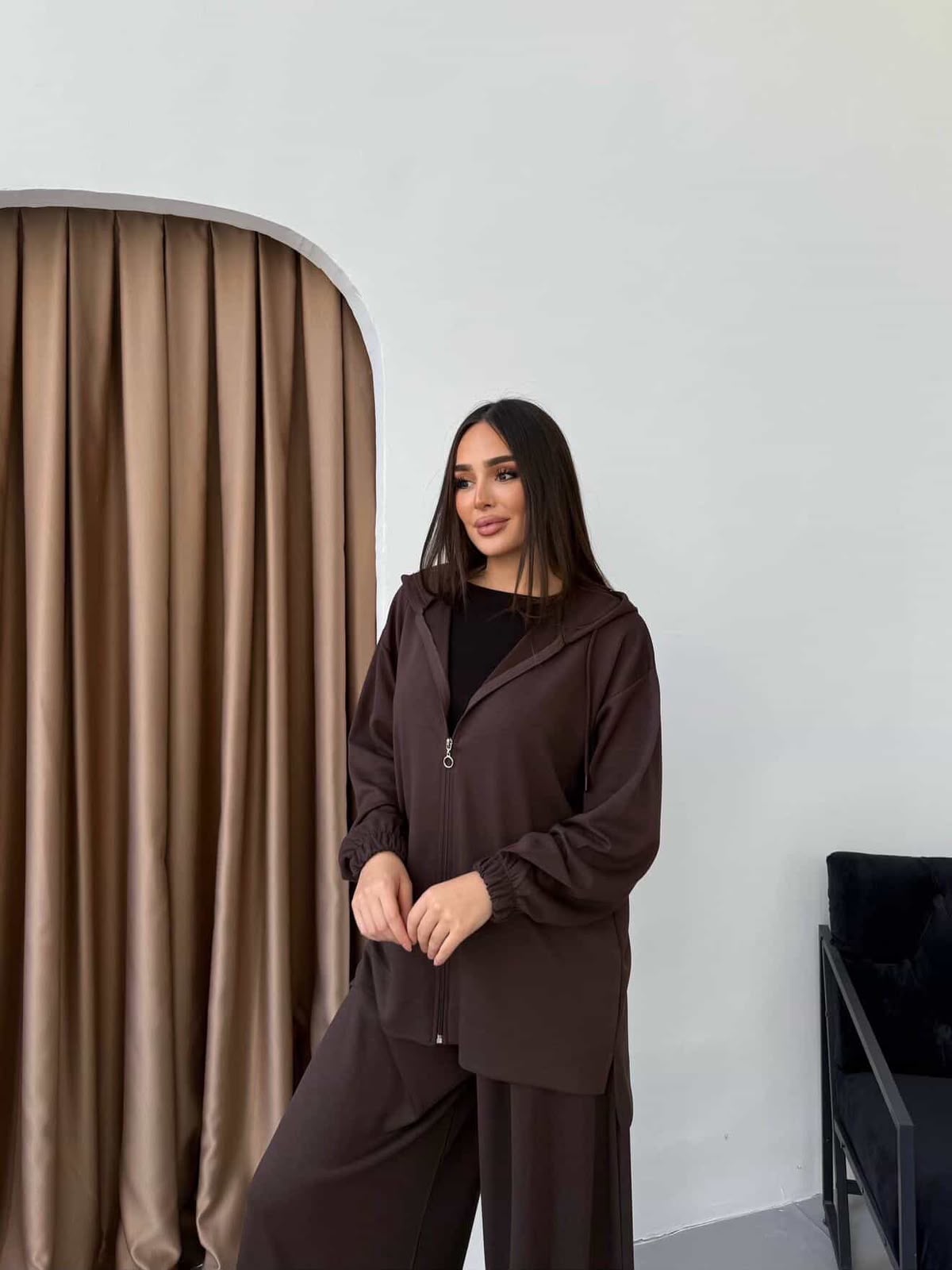 Deep Brown Hooded Jacket & Wide-Leg Pants Set