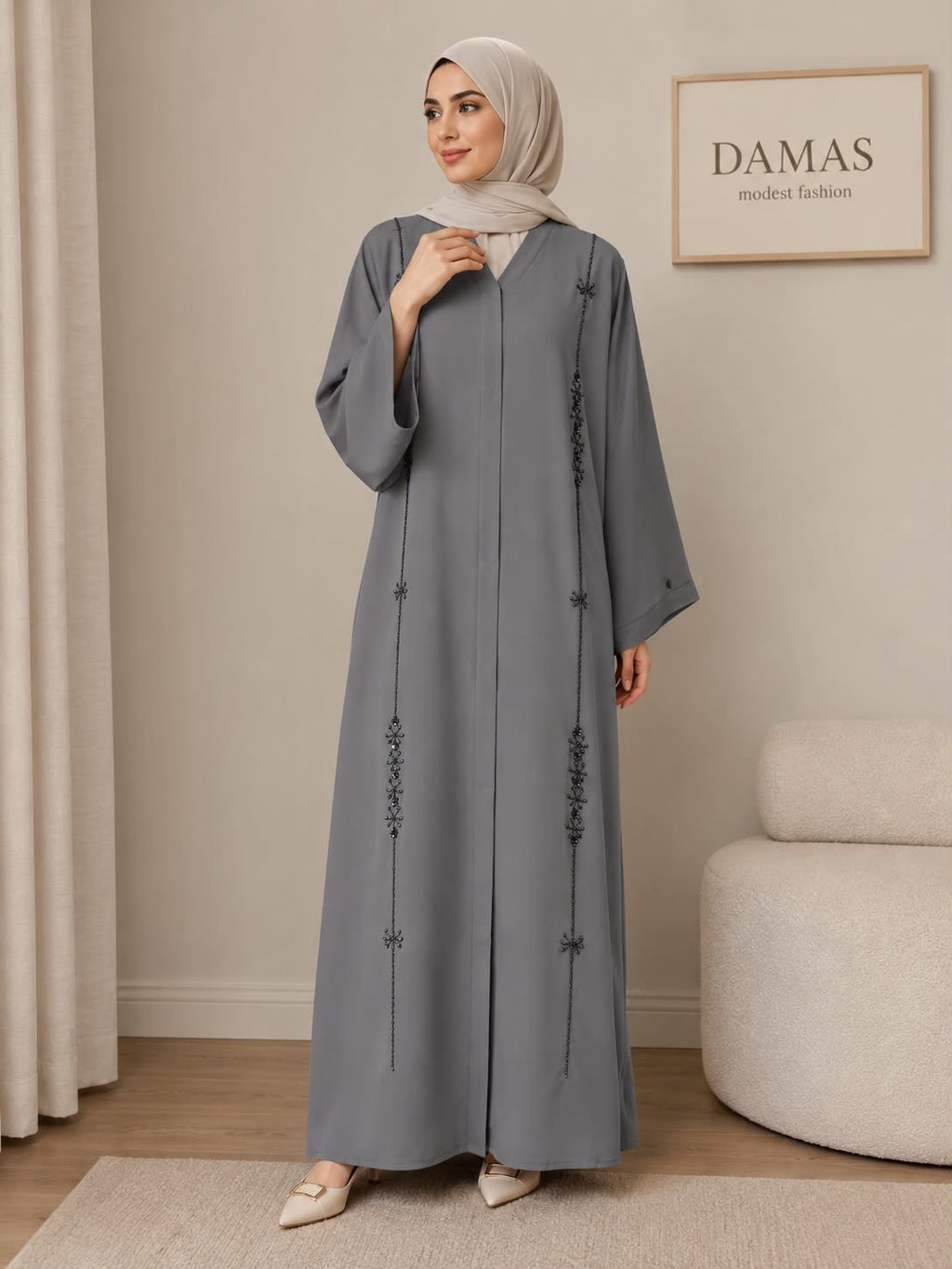 Gray Zoom Fabric Abaya with Handcrafted Embellishments