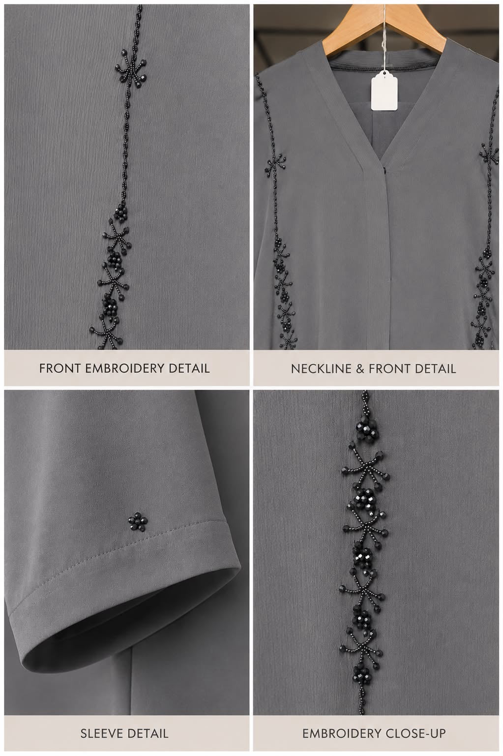 Gray Zoom Fabric Abaya with Handcrafted Embellishments