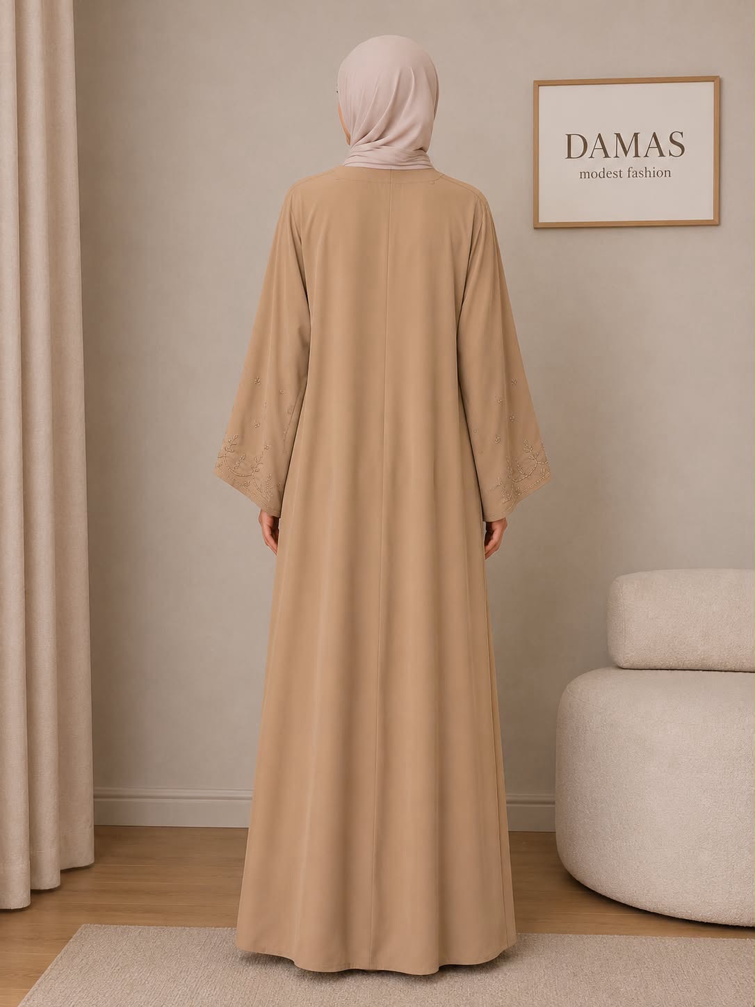 Beige Open Abaya with Handcrafted Embellishments on the Sleeves