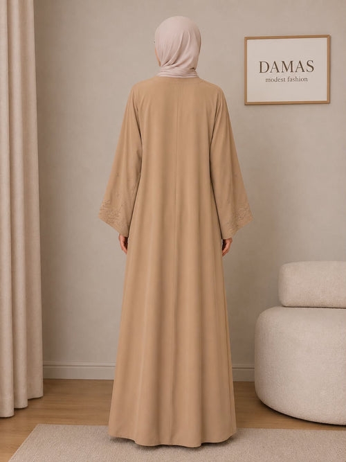 Beige Open Abaya with Handcrafted Embellishments on the Sleeves