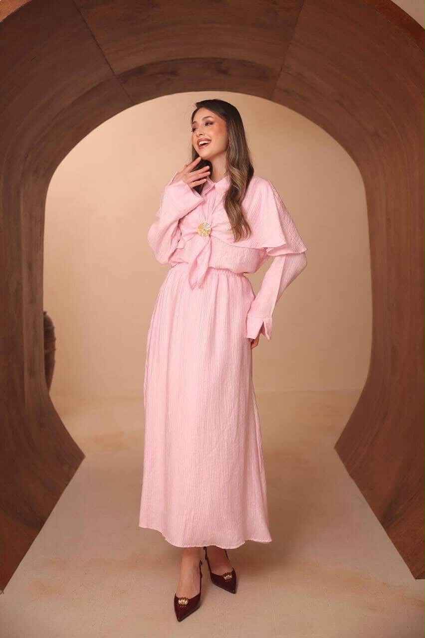 Blush Pink Draped Brooch Two-Piece Skirt Set
