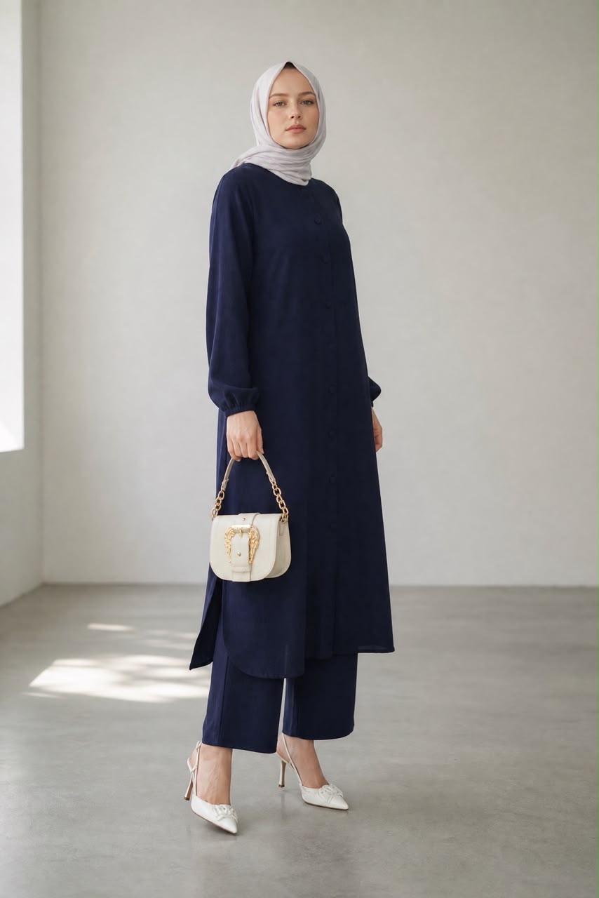 Navy Long Tunic & Wide-Leg Pants Set