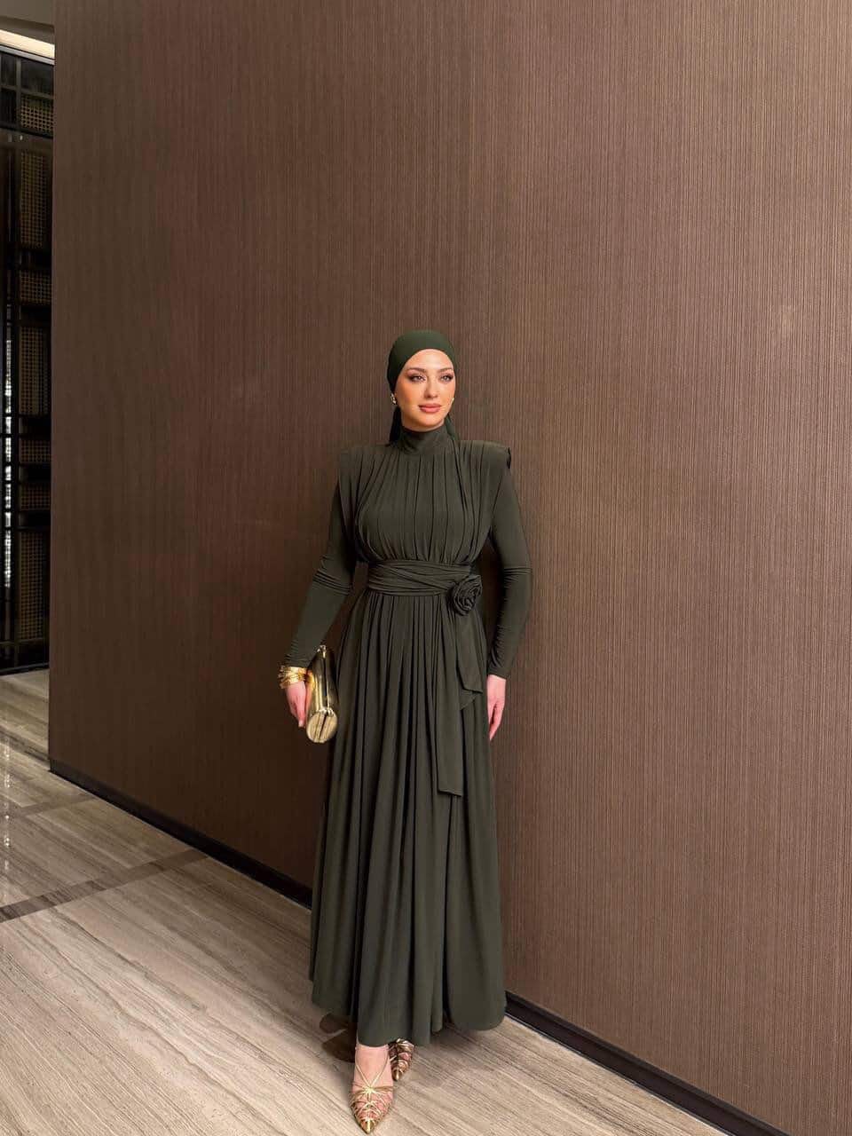 Dark Olive Green Draped Rosette Maxi Dress