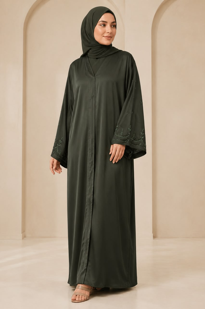 Dark Olive Botanical Embroidered V-Neck Abaya