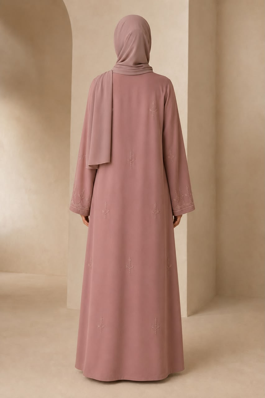 Dusty Rose Botanical Embroidered V-Neck Abaya