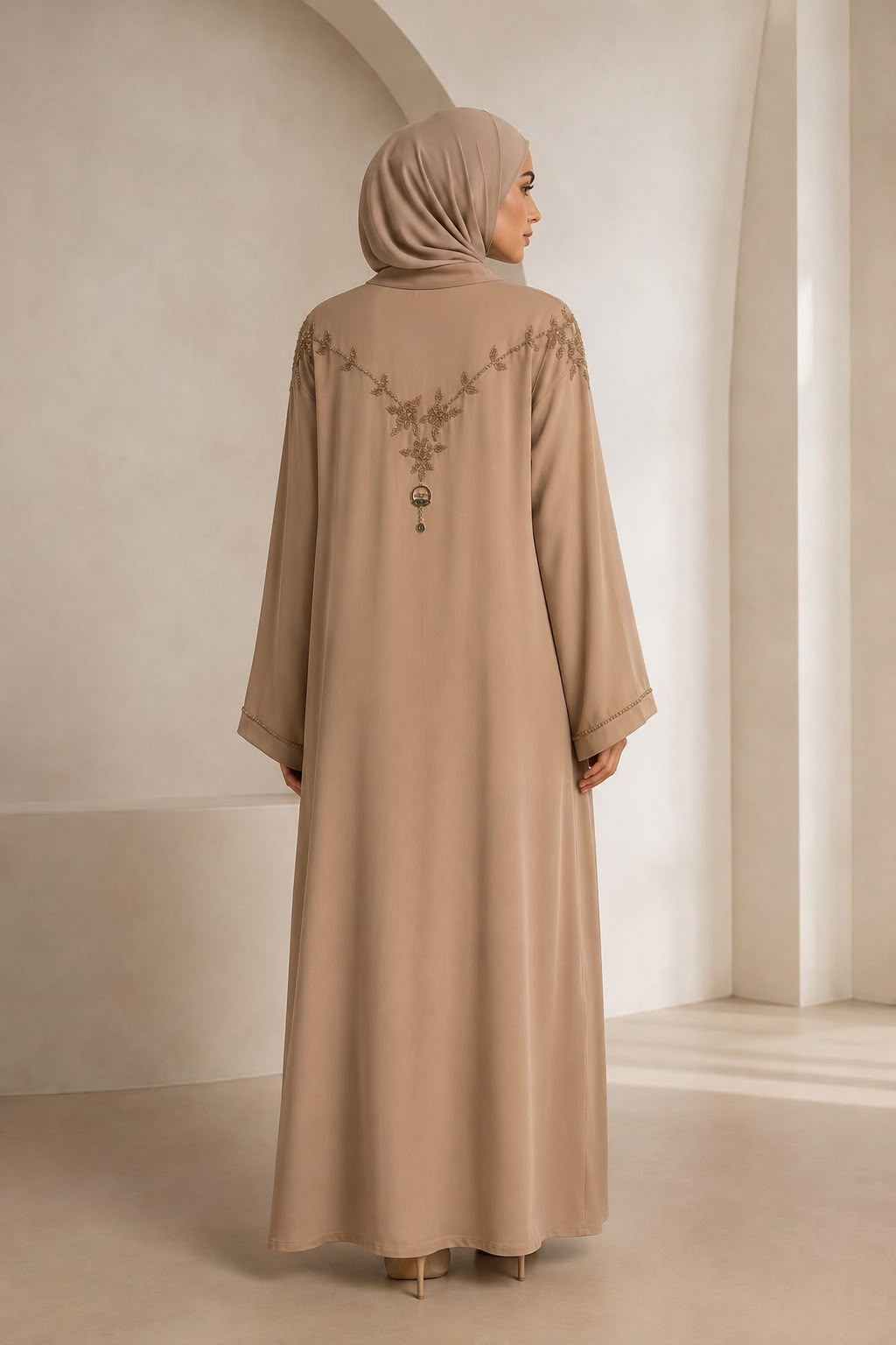 Taupe Floral Embroidered V-Neck Abaya