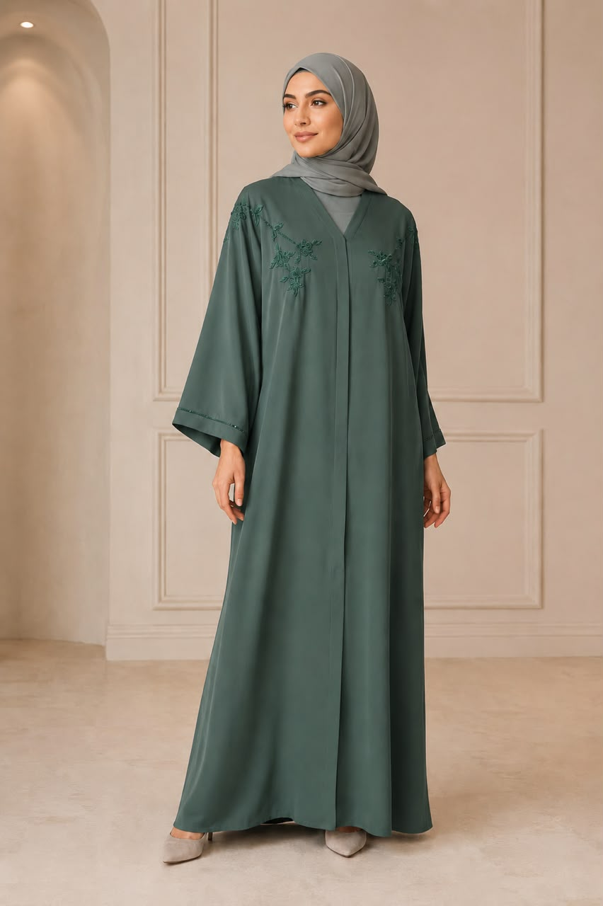 Sage Green Floral Embroidered V-Neck Abaya