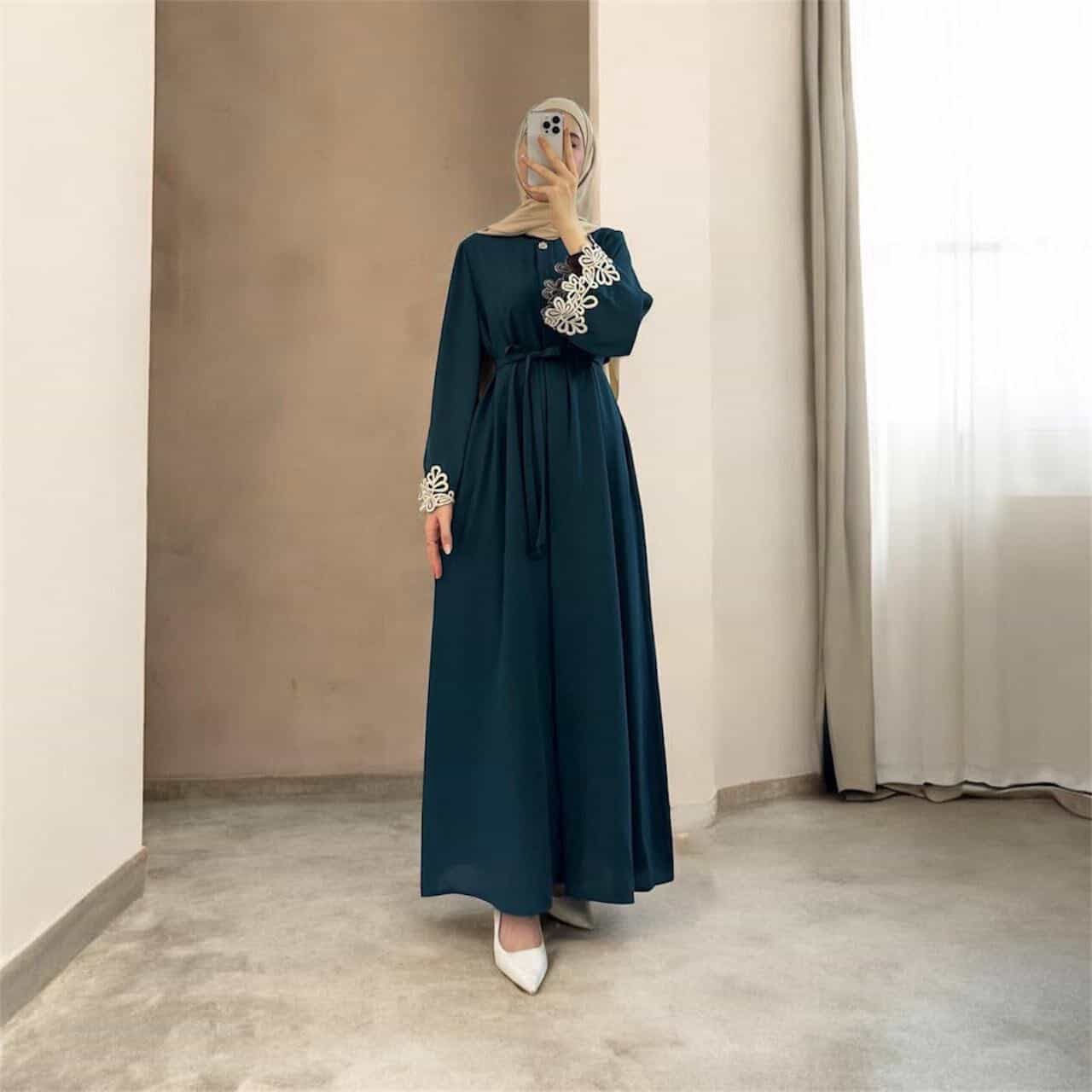 Deep Teal Floral Embroidered Belted Abaya