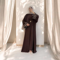Chocolate Brown Floral Embroidered Belted Abaya