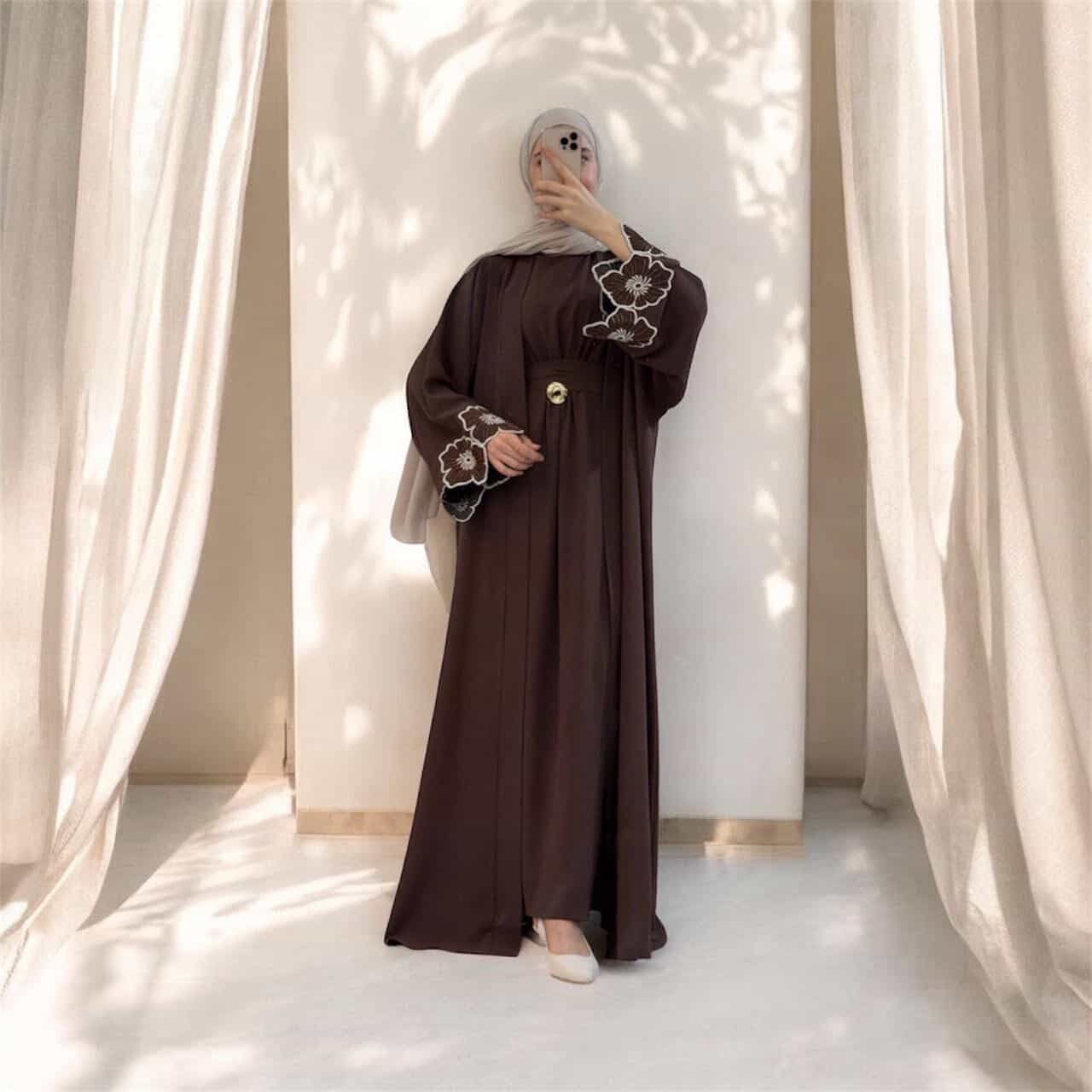 Chocolate Brown Floral Embroidered Belted Abaya
