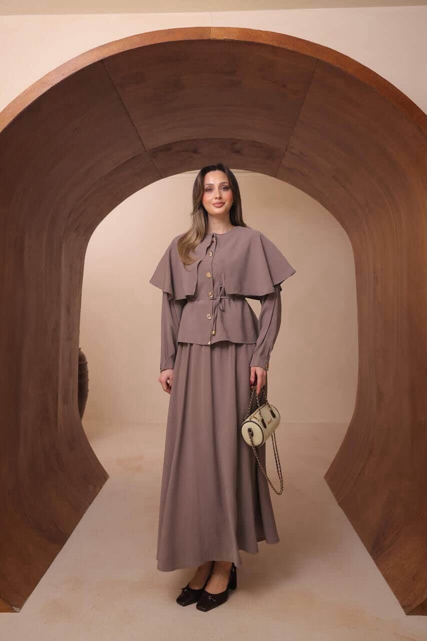 Mauve Cape-Detail Belted Jacket & Maxi Skirt Set