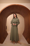 Olive Green Embellished Belted Jacket & Maxi Skirt Set