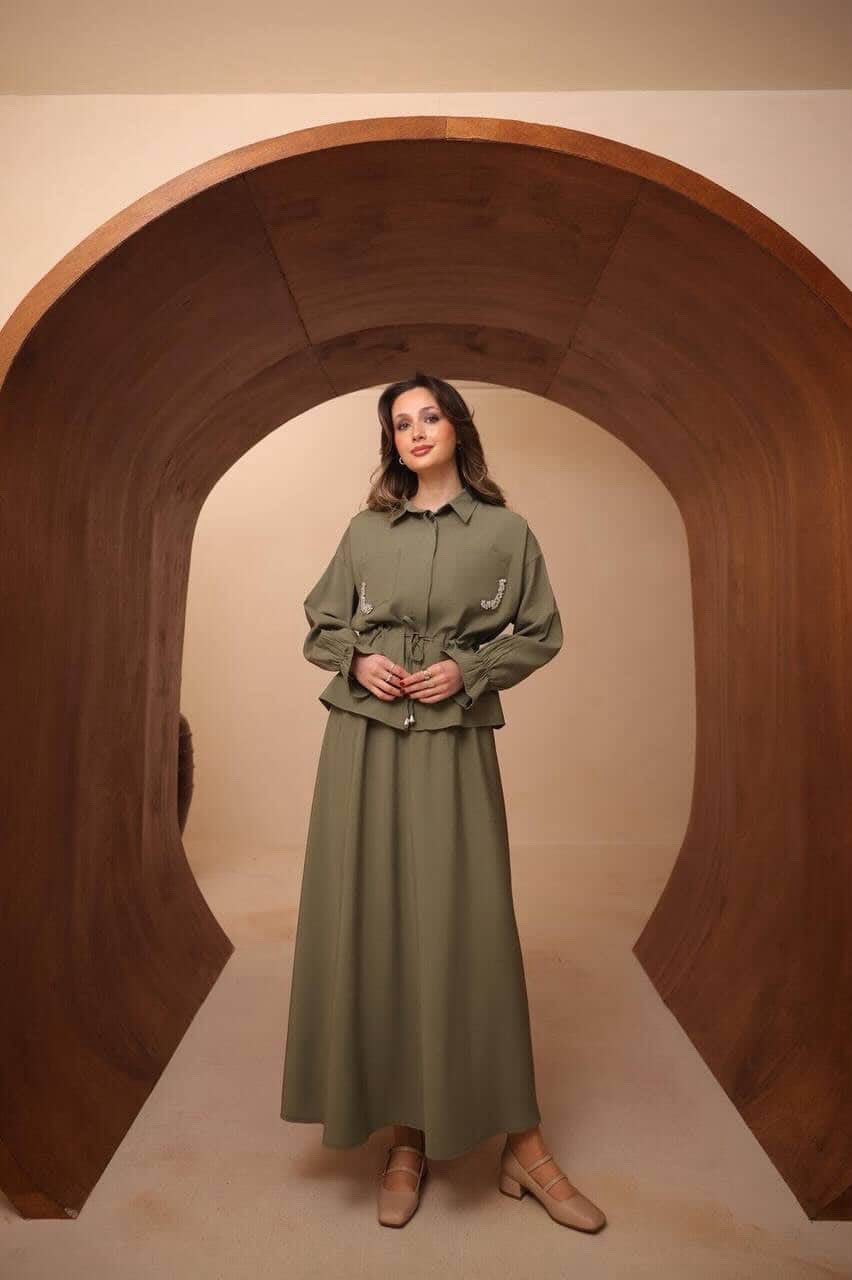 Olive Green Embellished Belted Jacket & Maxi Skirt Set